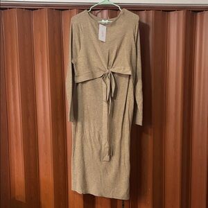 Isabel Maternity by Ingrid & Isabel Ribbed Tie-Front Long Sleeve Dress in Tan